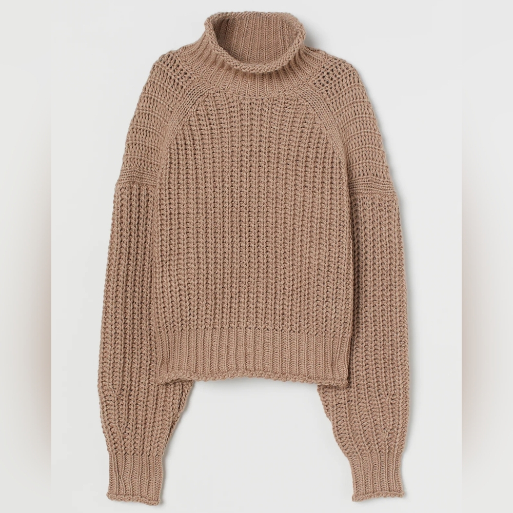 H&M Ribbed Polo-Neck Jumper Elegant Drop Shoulder Beige Turtleneck Sweater- L